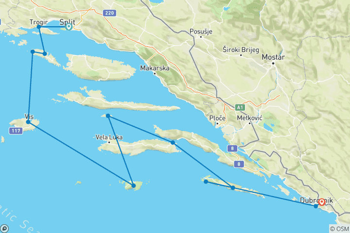 Map of Croatia Sailing Adventure: Split to Dubrovnik (from Split to Komolac)