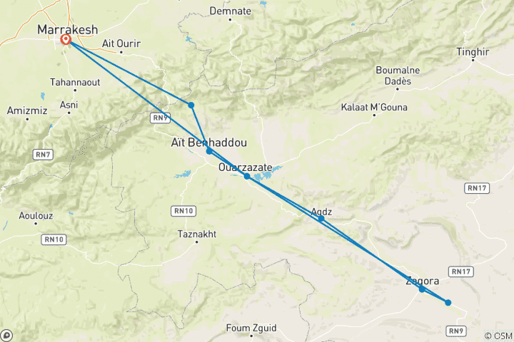 Kaart van Luxe woestijnkamp, via Atlasgebergte & Kasbah Ait Benhadda , Ouarzazate , 2-daagse privé woestijntocht: Van Marrakech naar Zagora