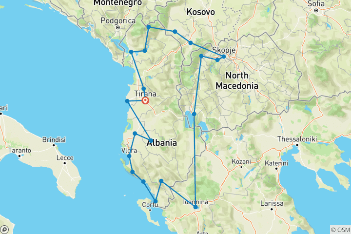 Karte von Albanien, Griechenland, Mazedonien und Kosovo Highlights