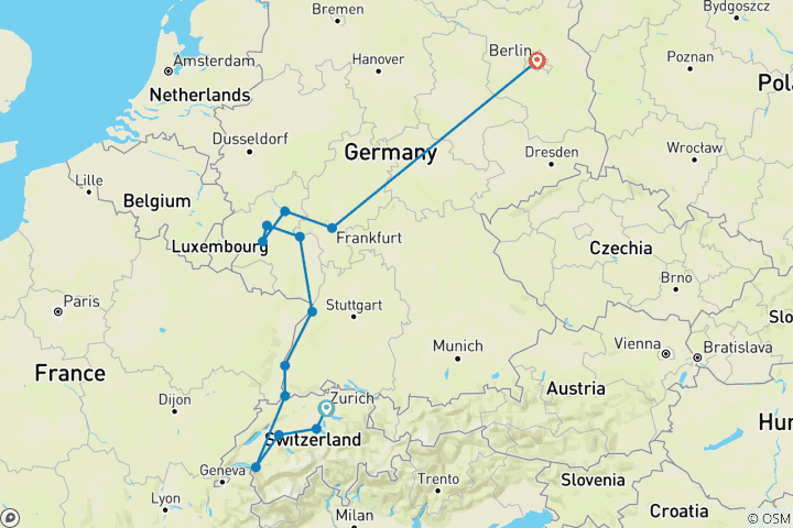 Carte du circuit Châteaux et vignobles du Rhin et de la Moselle avec Berlin 2027 - 15 jours (from Zurich to Berlin)