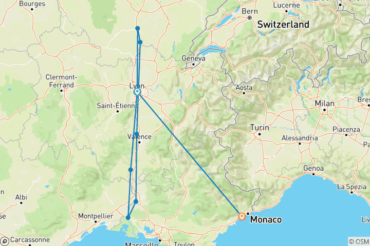 Carte du circuit Spectaculaire Sud de la France avec la Côte d'Azur