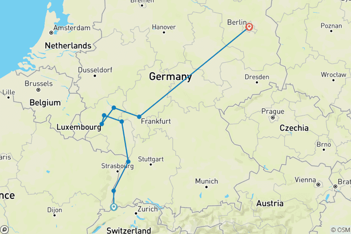 Carte du circuit Châteaux et vignobles du Rhin et de la Moselle avec Berlin 2027 - 11 jours (from Bâle to Berlin)