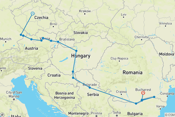 Carte du circuit Prague et les joyaux du Danube, l'Europe de l'Est et les Balkans dévoilés 2027 - 19 jours (including Linz)