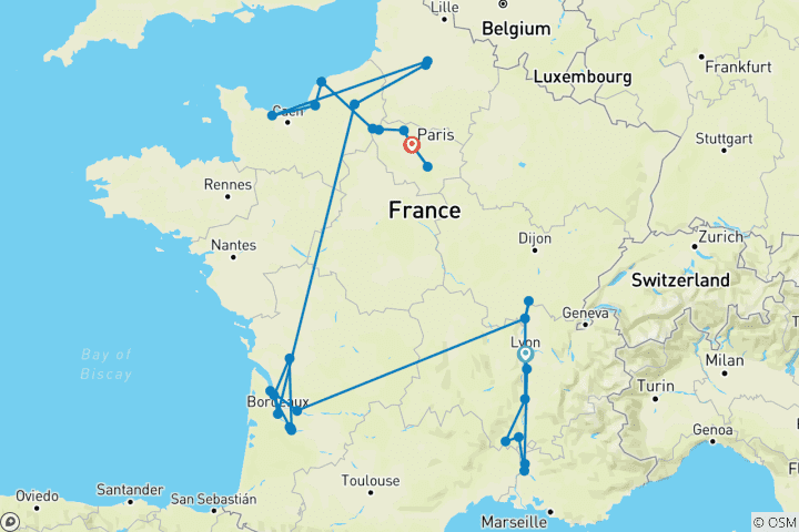 Map of France Encompassed 2027 - 31 Days (from Lyon to Paris)