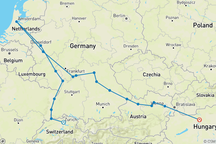 Carte du circuit Marchés de Noël sur le Rhin, le Main et le Danube 2027 - 22 jours (20 destinations)