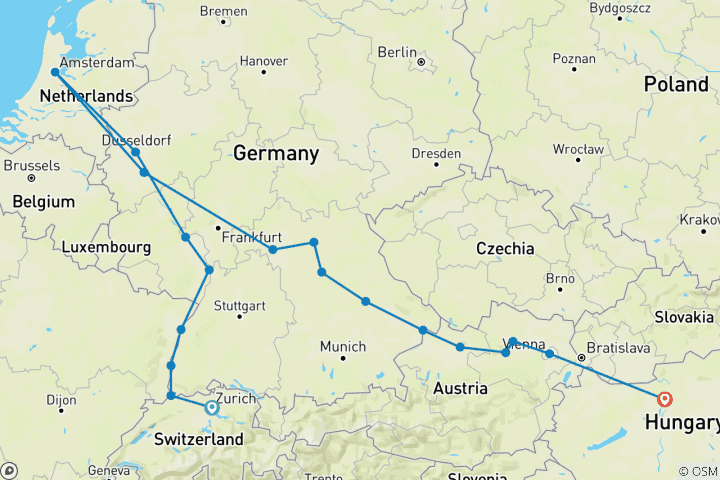 Carte du circuit Marchés de Noël sur le Rhin, le Main et le Danube 2027 - 22 jours (19 destinations)