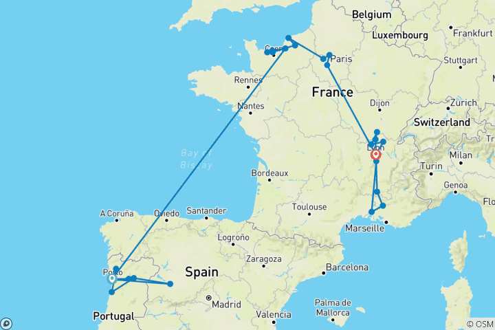 Mapa de Viaje por Francia y Portugal 2027 - 31 días (de Lyon a Oporto)