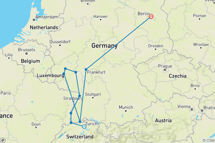 Carte du circuit Châteaux et vignobles du Rhin et de la Moselle avec Berlin 2027 - 11 jours (from Zurich to Berlin)