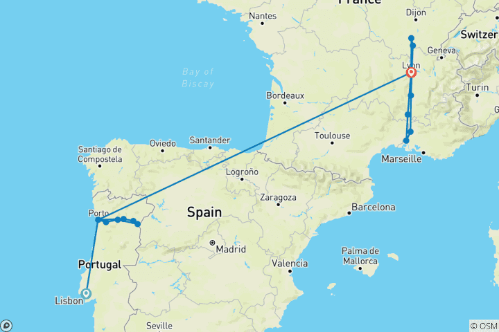 Carte du circuit Inoubliable Douro et spectaculaire Sud de la France avec Lisbonne 2027 - 24 jours