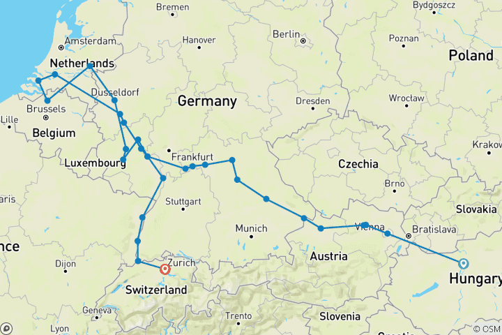 Kaart van Juwelen van Europa & Romantiek Rijn & Moezel 2027 - 29 Dagen (van Budapest naar Zurich)