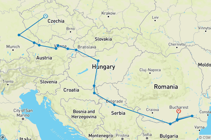 Carte du circuit Prague et les joyaux du Danube, l'Europe de l'Est et les Balkans dévoilés 2027 - 19 jours (including Ratisbonne)