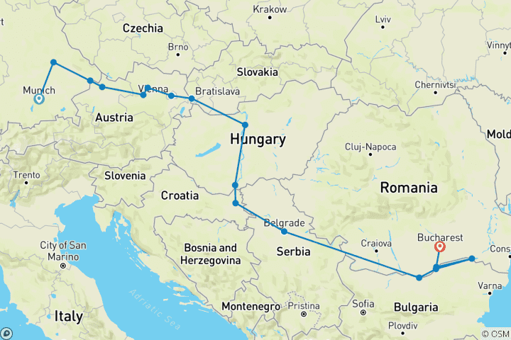 Map of Gems of the Danube & Eastern Europe & Balkans Unveiled 2027 - 16 Days (17 destinations)