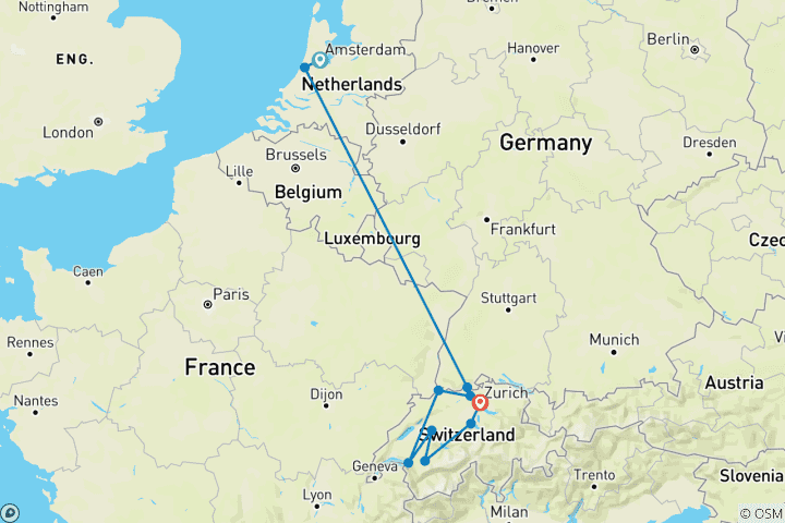 Map of Rhine Highlights with Amsterdam & Switzerland 2027 - 14 Days (from Amsterdam to Zurich)