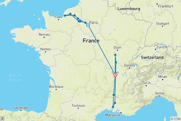 Carte du circuit Normandie & joyaux de la Seine & spectaculaire Sud de la France 2027 - 21 jours (16 destinations)