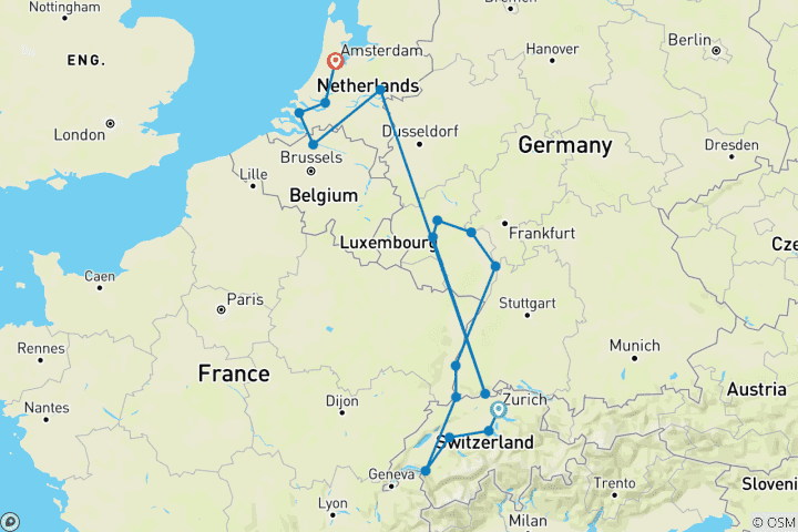 Carte du circuit Romantique Rhin et Moselle avec Amsterdam et Suisse 2027 - 21 jours (from Zurich to Amsterdam)