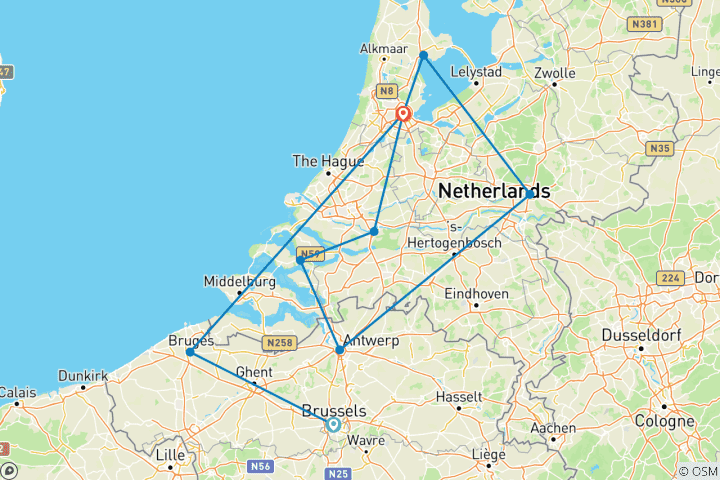 Carte du circuit Moulins à vent, tulipes et délices belges avec Amsterdam et Bruges 2027 - 13 jours