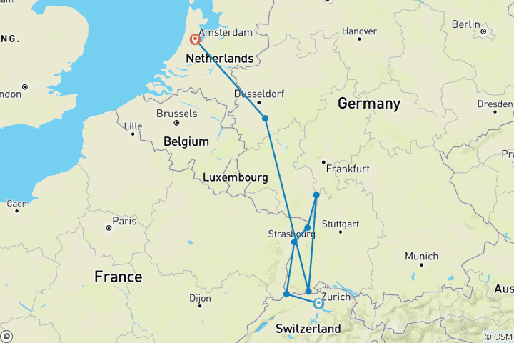 Karte von Rhein Highlights mit Amsterdam 2027 - 10 Tage (von Zürich bis Amsterdam)
