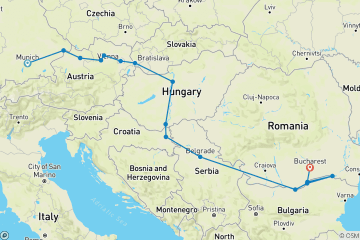 Map of Gems of the Danube & Eastern Europe & Balkans Unveiled 2027 - 16 Days (16 destinations)
