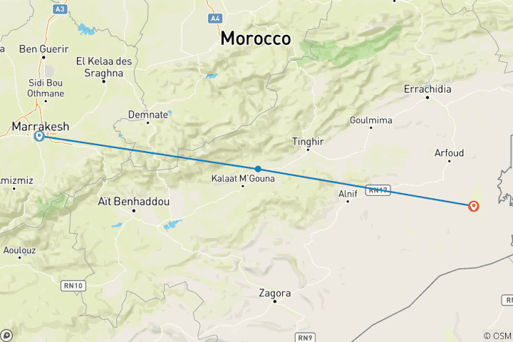 Map of 3 Day Marrakech to Desert Tour