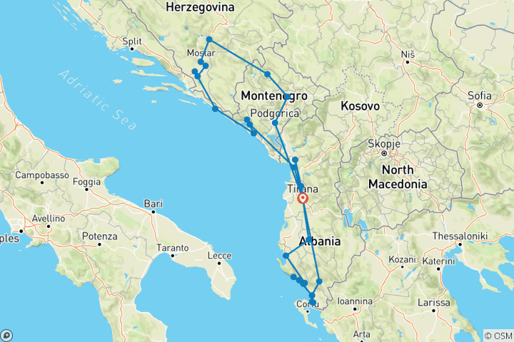 Carte du circuit L'Albanie, le Monténégro et la Croatie en 16 jours