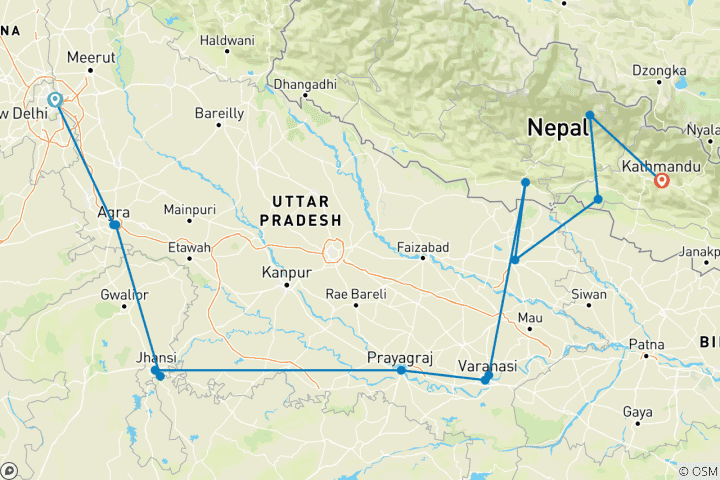 Carte du circuit De Delhi à Katmandou (from Delhi to Katmandou)