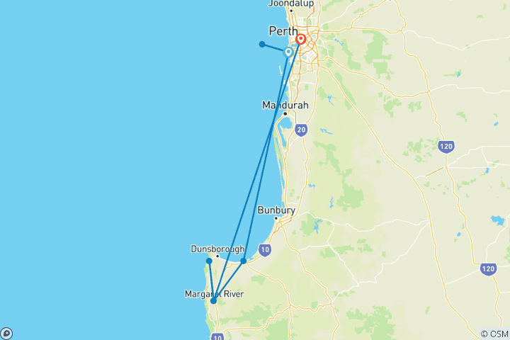 Carte du circuit Le meilleur de Perth, Margaret River et Rottnest Island (from Fremantle to Perth)