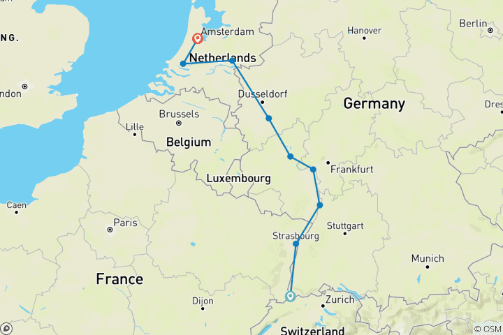Carte du circuit Rhin remarquable et Hollande historique (2027) (Bâle à Amsterdam, 2027)