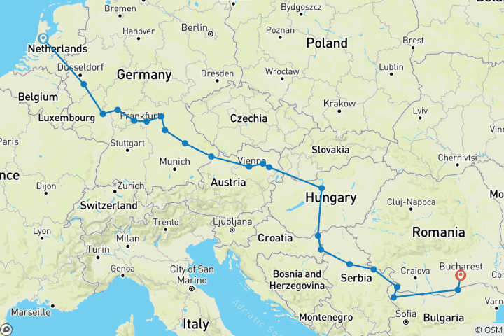 Kaart van Ultieme Europese reis (2027) (Amsterdam naar Boekarest, 2027)