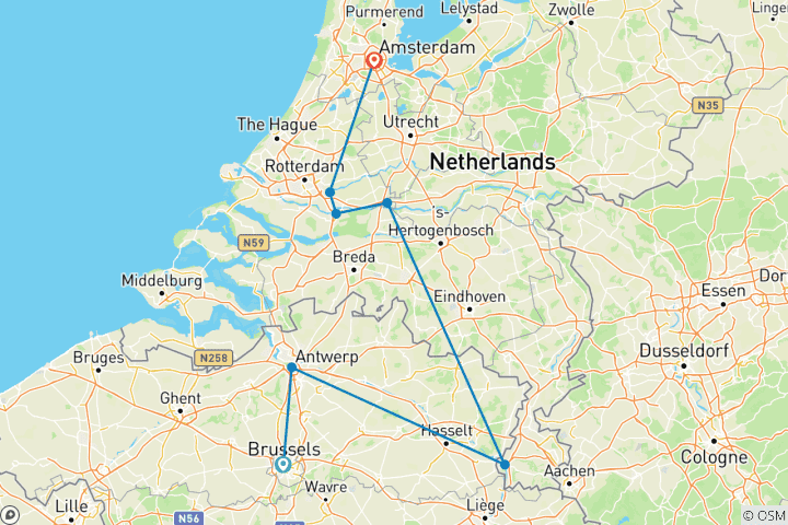 Carte du circuit Hollande et Belgique à l'époque des tulipes (2027) (de Bruxelles à Amsterdam, 2027)
