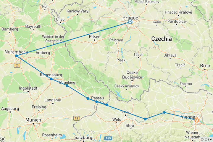 Map of Vineyards & Palaces along the Danube with Prague (2027) (Prague to Vienna, 2027)