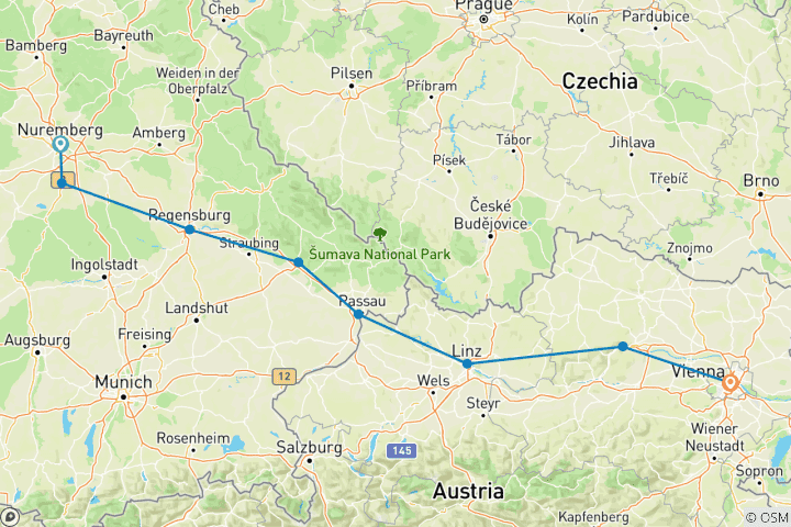 Carte du circuit Marchés de vacances européens (2027) (de Nuremberg à Vienne, 2027)
