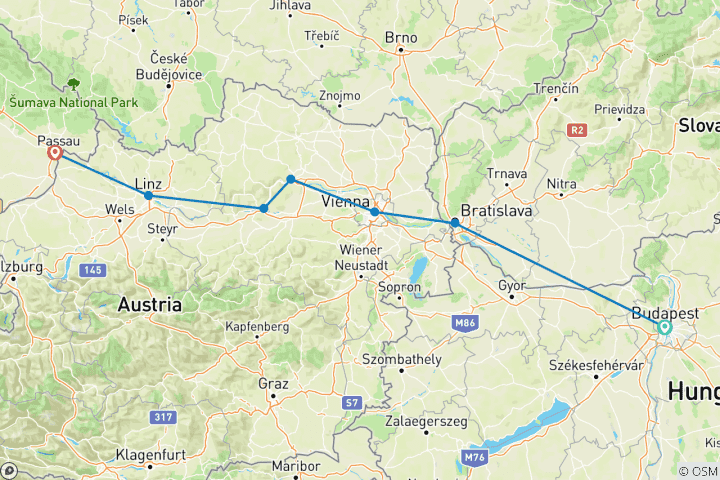 Carte du circuit Marchés de vacances du Danube (2027) (de Budapest à Passau, 2027)