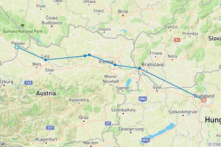 Map of Danube Holiday Markets (2027) (Passau to Budapest, 2027)