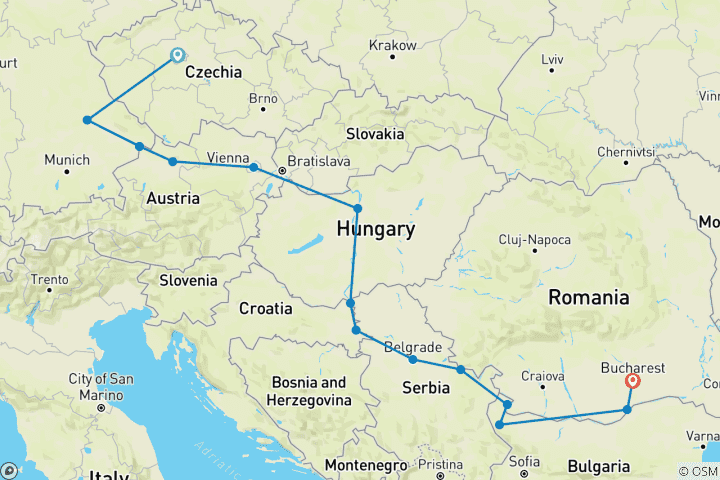 Carte du circuit Portraits de l'Europe de l'Est (2027) (Prague à Bucarest, 2027)