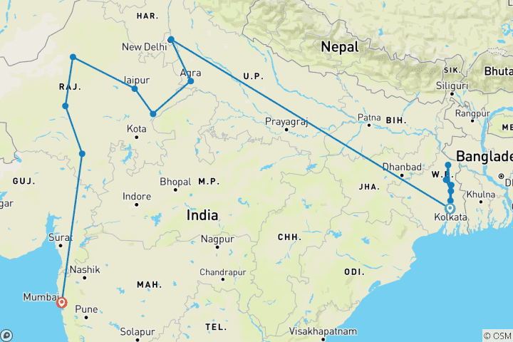 Carte du circuit Croisière et train : Le Gange sacré et le Maharajas' Express (2027) (De Kolkata à Mumbai, 2027)
