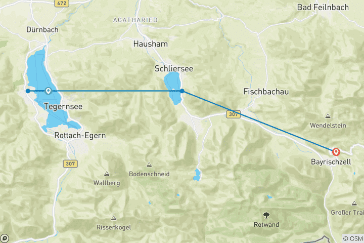 Mapa de Lagos y senderos de cumbre de la Alta Baviera Viaje corto con traslado de equipaje