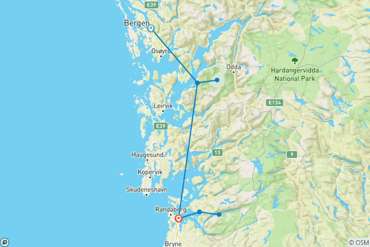 Map of On the road in Fjord Norway between Bergen and Stavanger (8 days)
