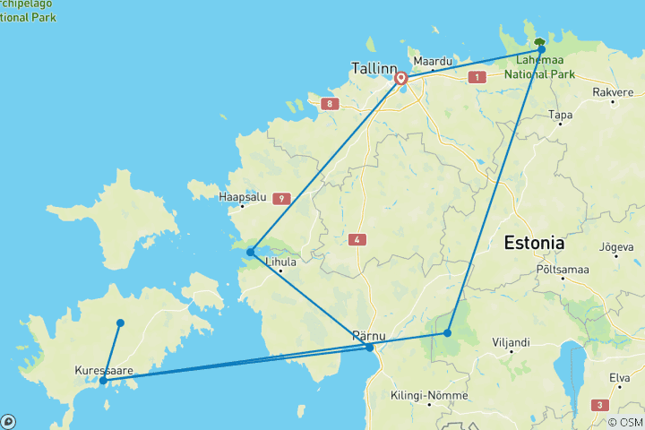 Kaart van Eilandwerelden, nationale parken en heidevelden van Estland