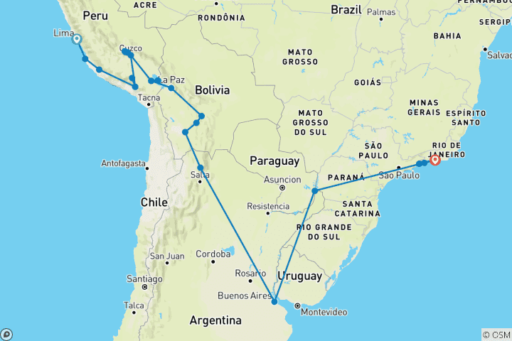 Carte du circuit Le meilleur de l'Amérique du Sud (from Lima to Rio de Janeiro)