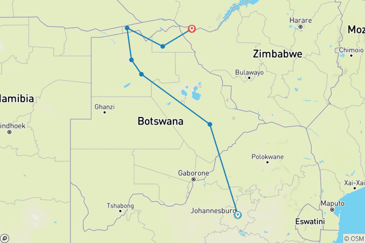 Map of Essential Botswana (from Johannesburg to Victoria Falls)
