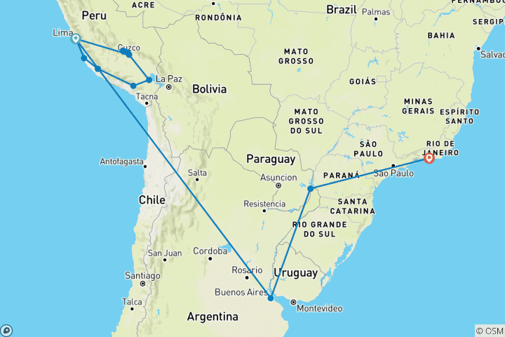 Carte du circuit Le meilleur du Pérou, de l'Argentine et du Brésil (18 destinations)