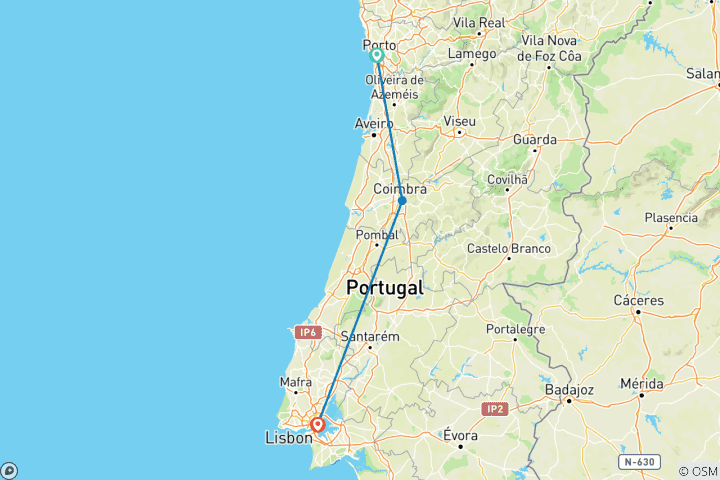 Map of Highlights of Portugal (from Porto to Lisbon)