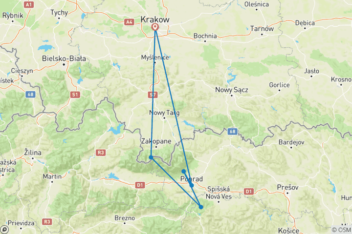 Carte du circuit Randonnée hivernale en Slovaquie et en Pologne (petit groupe minimum 2 personnes & maximum 8 personnes)