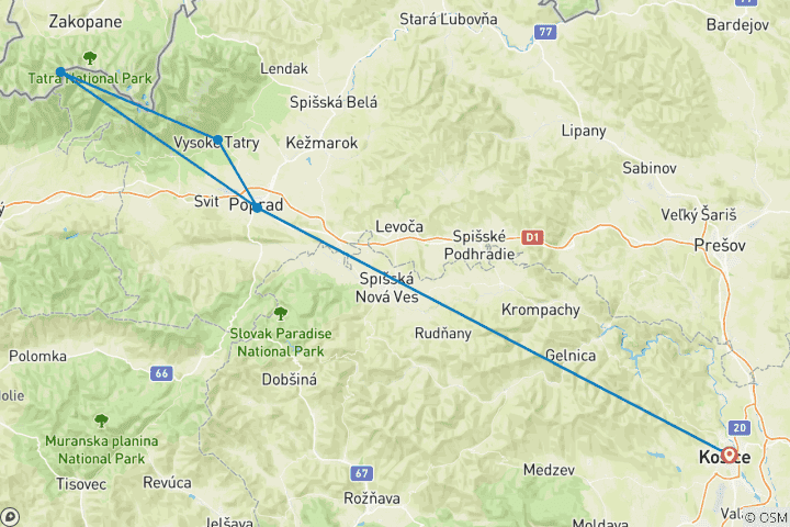 Map of Winter hiking in Slovakia and Poland 4 days (small group minimum 2 people & maximum 8 people)