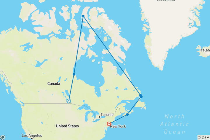 Kaart van De ijsberen van Churchill & het Canadese poolgebied naar New York - Cruise & Land Journey