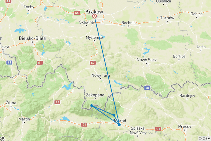 Map of Winter hiking in Slovakia and Poland 4 days (small group minimum 2 people & maximum 8 people)
