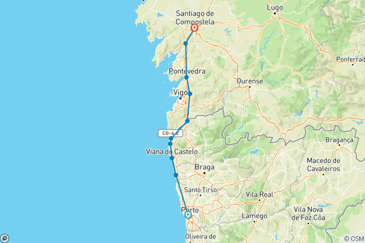 Carte du circuit Le chemin de Saint-Jacques le long de la côte portugaise jusqu'à Saint-Jacques (9 jours)