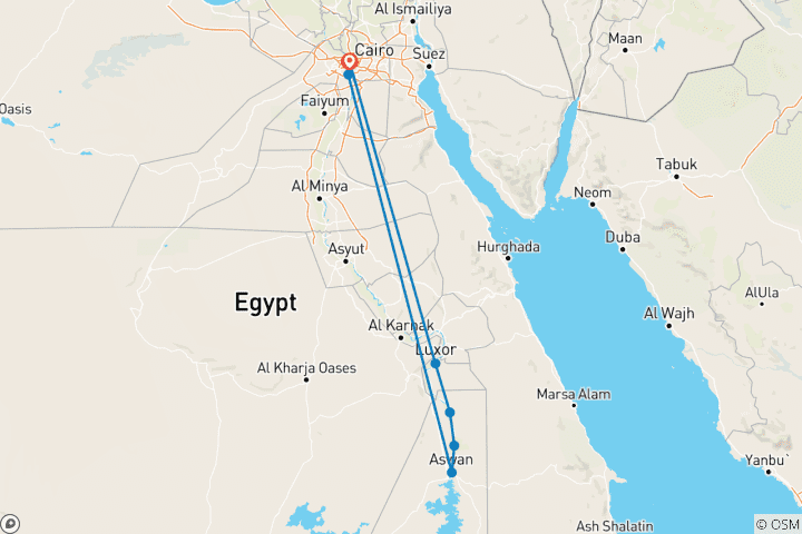 Map of Egypt’s Golden Path: 7 Days from Cairo to Aswan & Luxor via Dahabiya Nile Cruise