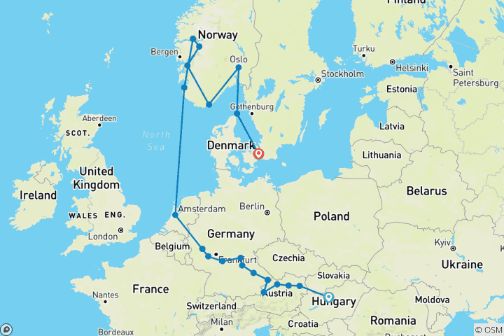 Map of Magnificent Europe and Norwegian Fjords Budapest → Copenhagen (2027)