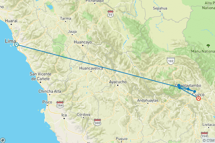 Carte du circuit Inca Trail Express depuis Lima (from Lima to Cusco)